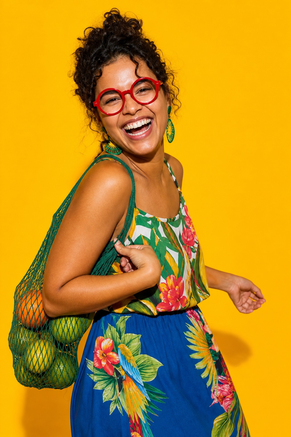 Mulher rindo com óculos redondos vermelhos sobre fundo amarelo